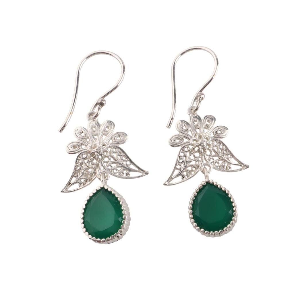 Green Onyx Gemstone 925 Sterling Silver Handmade Jewelry Dangle Earrings 1.84" May Birthmonth Jewelry For Women CE-23-15