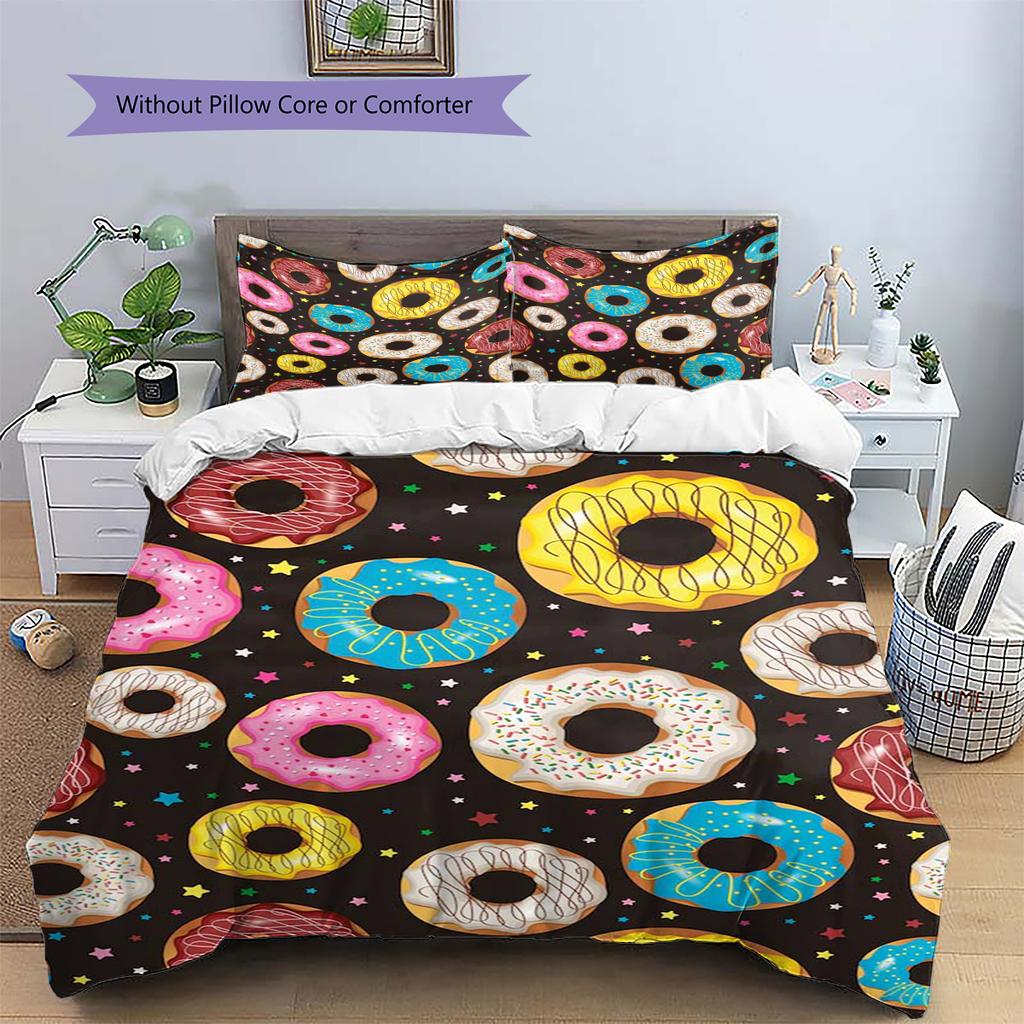 Pościel z wzorem kreskówkowych pączków Zestaw kołdry Poszewka na kołdrę Poszewka na poduszkę Dekoracja domu Prezent (1 * poszwa na kołdrę + 2 * poszewki na poduszki, bez rdzenia)