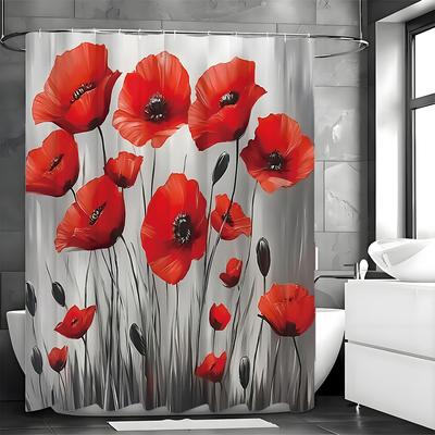 Tenda da doccia Papavero Rosso, Tenda da doccia decorativa per bagno, Tenda da doccia impermeabile con ganci