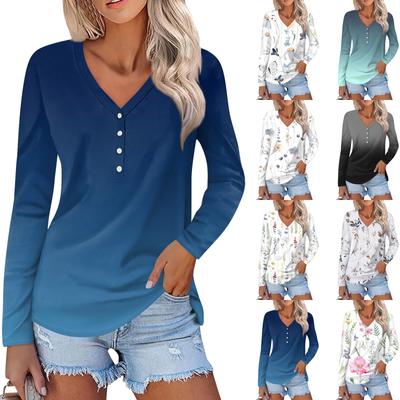 Women's Fashion Casual Long Sleeve Floral Print V-Neck Button Top