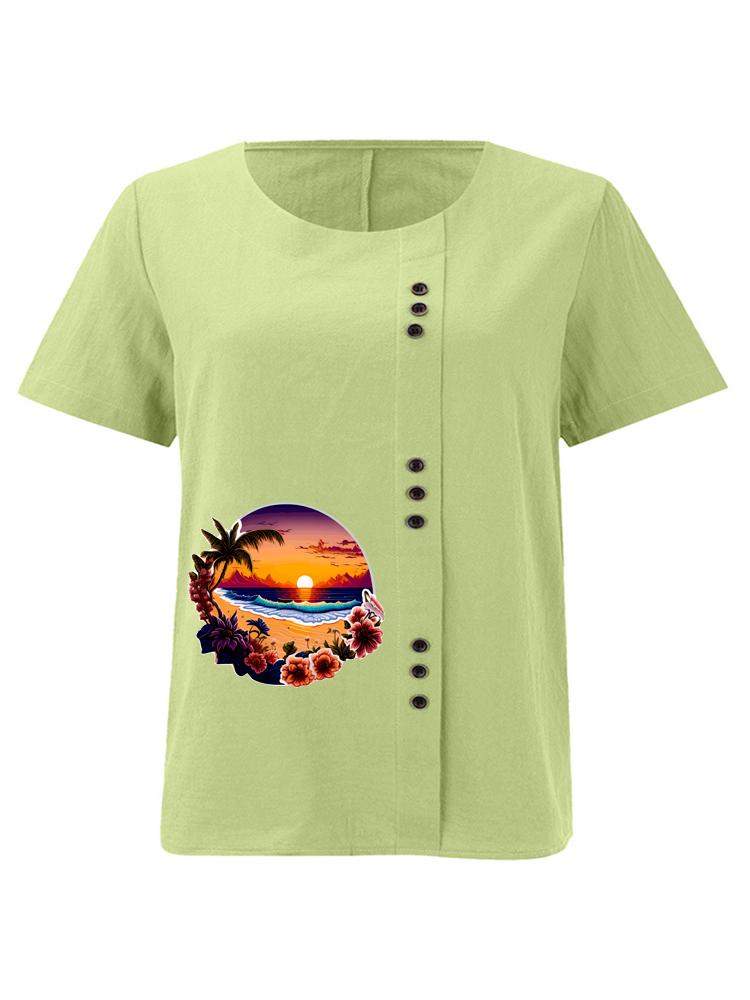 

Women s Fashion Landscape Pattern Print Round Neck Short Sleeve T-shirt Summer Casual Cotton Linen Graphic Shirt Leisure Loose Blouse Tops 5XL