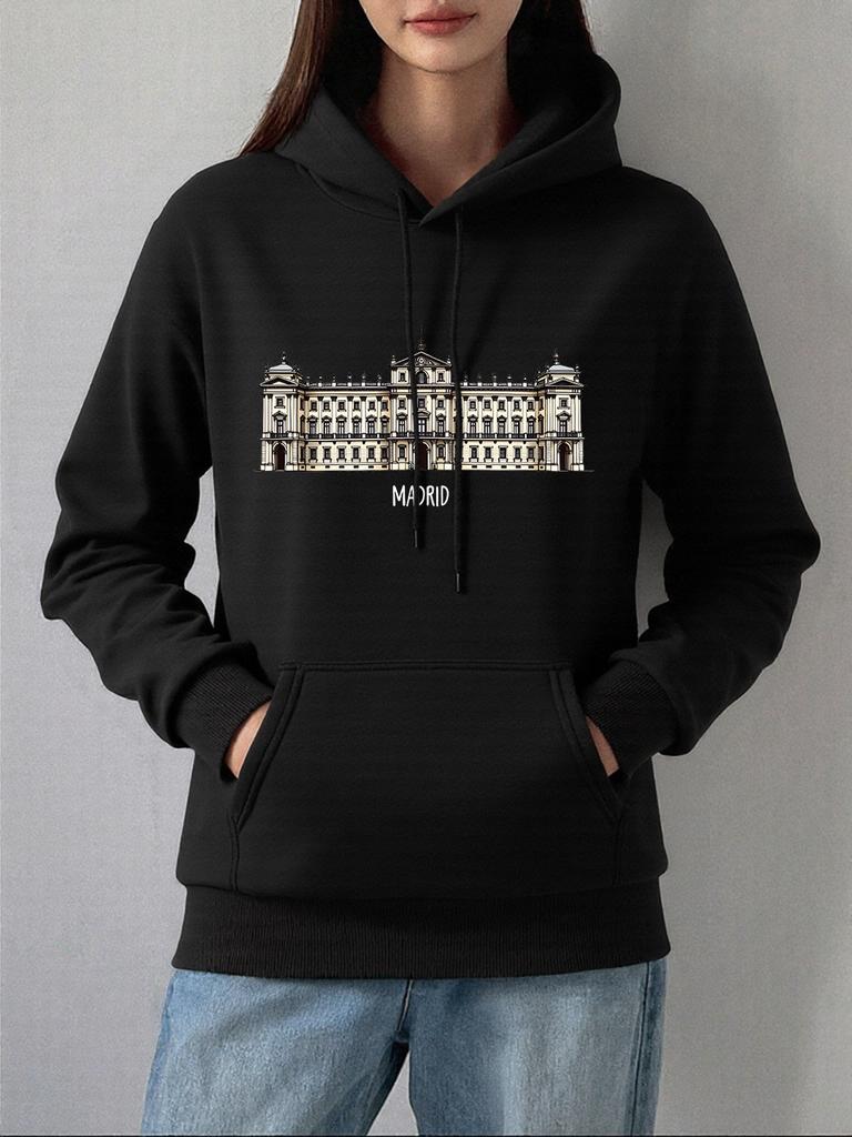 Royal Palace Of Madrid Printing Hoodies Women Winter Fleece Warm Sweatshirts Basics Pocket Pullovers Casual Loose Womans Clothes