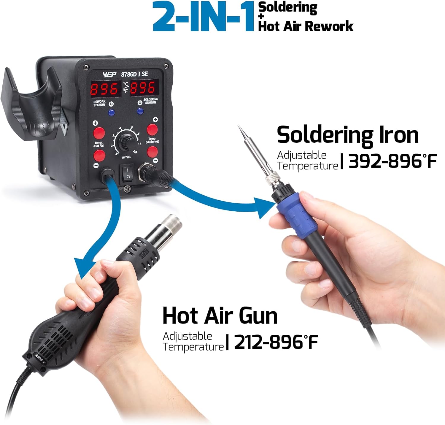 

8786D-I Hot Air Soldering Station Kit 2-in-1 with Solder Wire, Tips, Nozzles, Tweezers, Pump United States