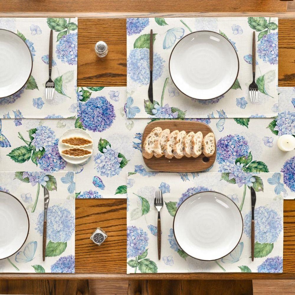 Vintage Blue Lemon Linen Table Runner Purple Hydrangea Tablecloth Table Cover Table Decor
