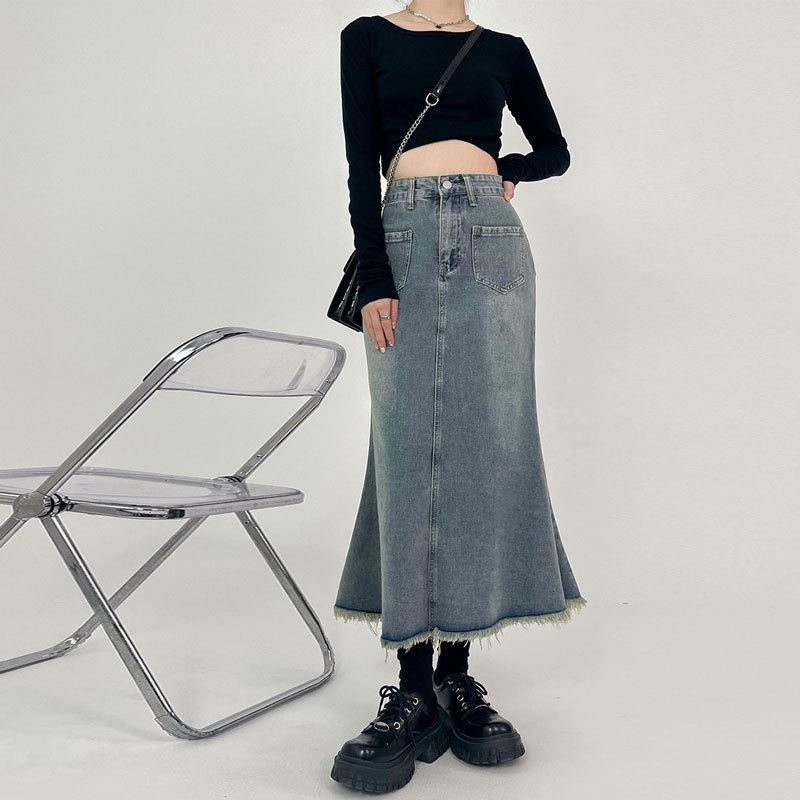 

Винтажная юбка средней длины с юбкой-рыбьим хвостом, женская юбка-бюстье с высокой талией, обтягивающая кожу, тонкая джинсовая юбка из мешковины, джинсовая юбка-бюстье XXL джинсовый