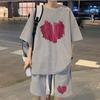Yousheng 2Pcs/Set Men Summer Outfit Round Neck Short Sleeve Tops Wide Leg Shorts Set Heart Pattern Loose Fit Tracksuit