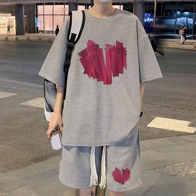 Yousheng 2Pcs/Set Men Summer Outfit Round Neck Short Sleeve Tops Wide Leg Shorts Set Heart Pattern Loose Fit Tracksuit
