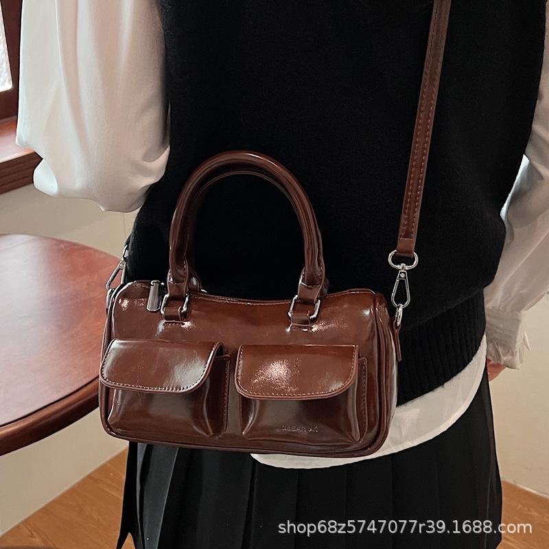 New women's bag fashion niche oil wax leather bowling bag multi-pocket underarm bag commuter tote bag shoulder bag