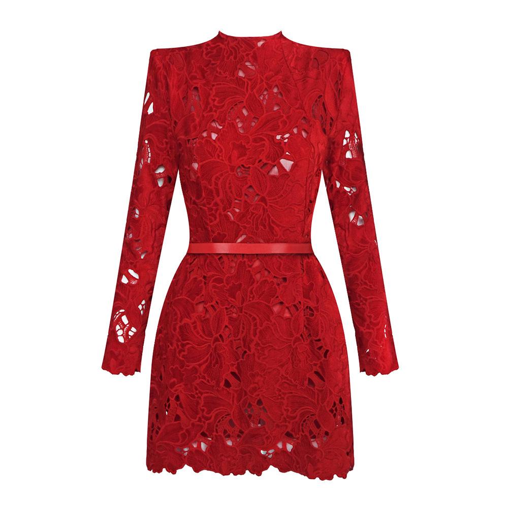 European Long Sleeve Red Lace Zipper Dress - Autumn Christmas Style Fashion for Women M красный