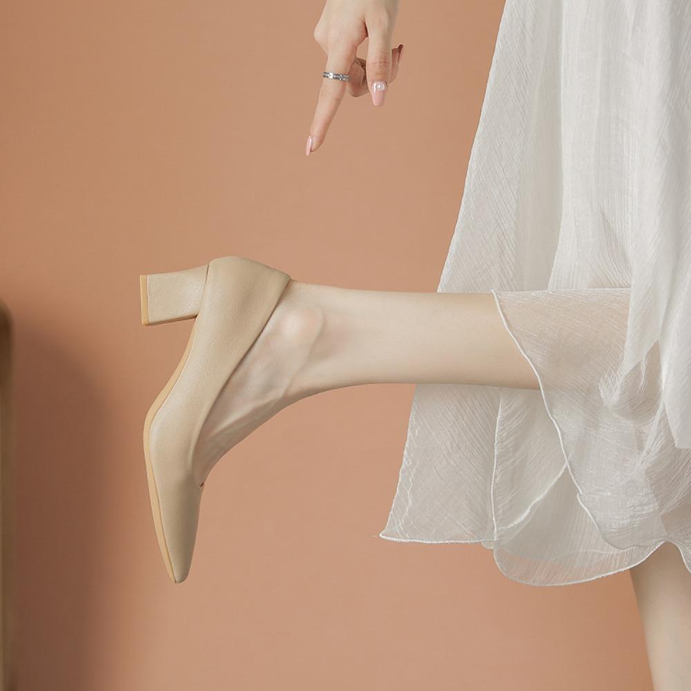 Women's French Nude High Heels 2025 Spring Autumn New Soft Leather Non-Tiring Feet Commuting Work Interview Versatile Shoes XCY40-555