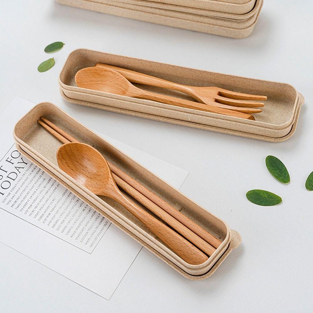 with Box Wooden Fork Chopsticks Natural Rice Soups Spoon Dinnerware Cutlery  Kitchen Accessories