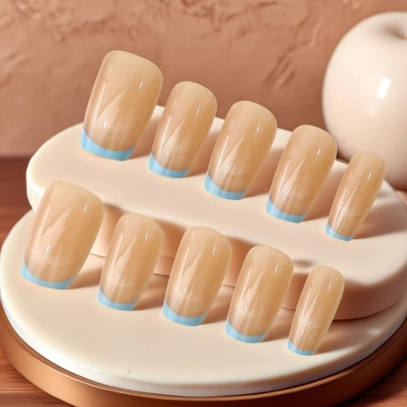 Square Press On Nail Cats Eye Fake Nail with Smile Designs Full Cover Glues On Nail Glossy Acrylic Nail Artificial Nail