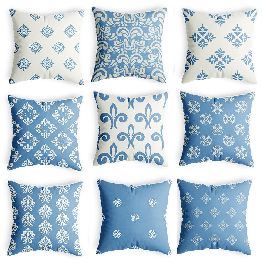 Blue and White Porcelain Style Pillow Cover Retro Home Bedside Wooden Sofa Pillow Cover Cotton Linen Polyester Living Room Chair Cover