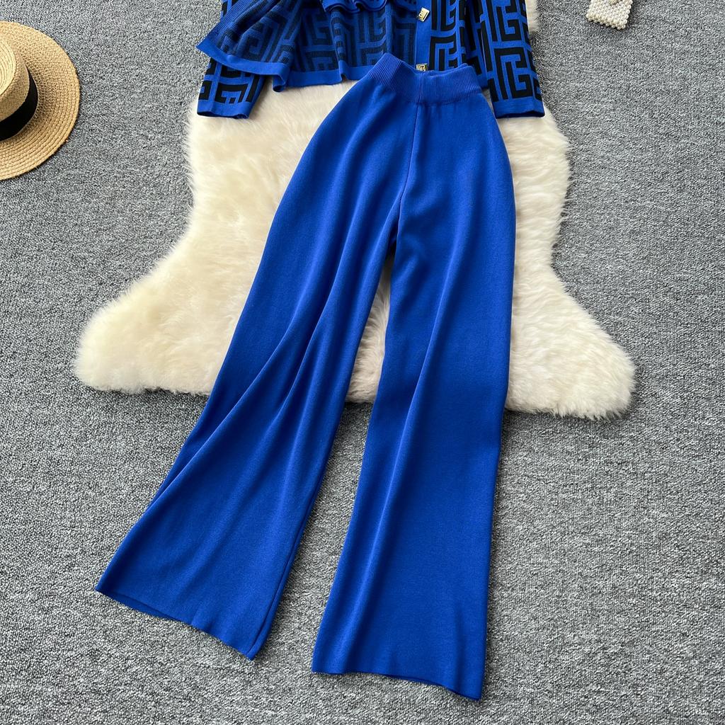 Autumn Winter Vintage Designer Print Knitted Sweater Pant 3 Piece Set Women Tracksuit Long Sleeve Cardigans Vest Ankle Length Trousers Outfits