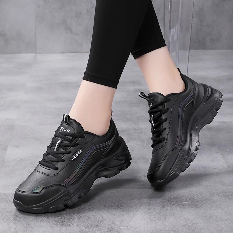 2025 Large Size New Casual Shoes, Black Leather Comfortable Sneakers, Waterproof and Heightened Thick-soled Non-slip Women's Shoes