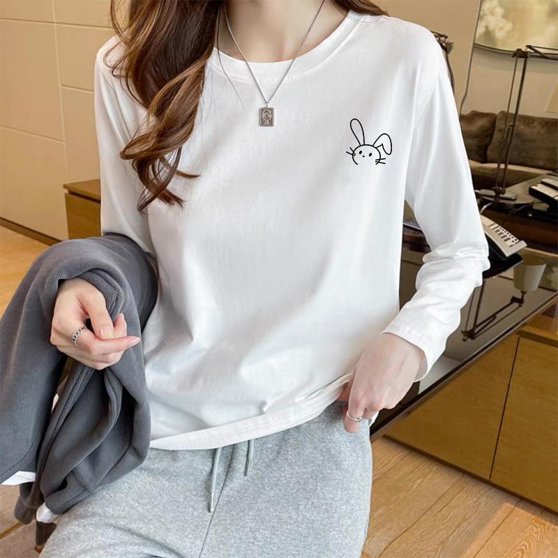 Women's Round Neck Long Sleeve Cotton T-Shirt Cute Rabbit Print Loose Casual Basic Tee