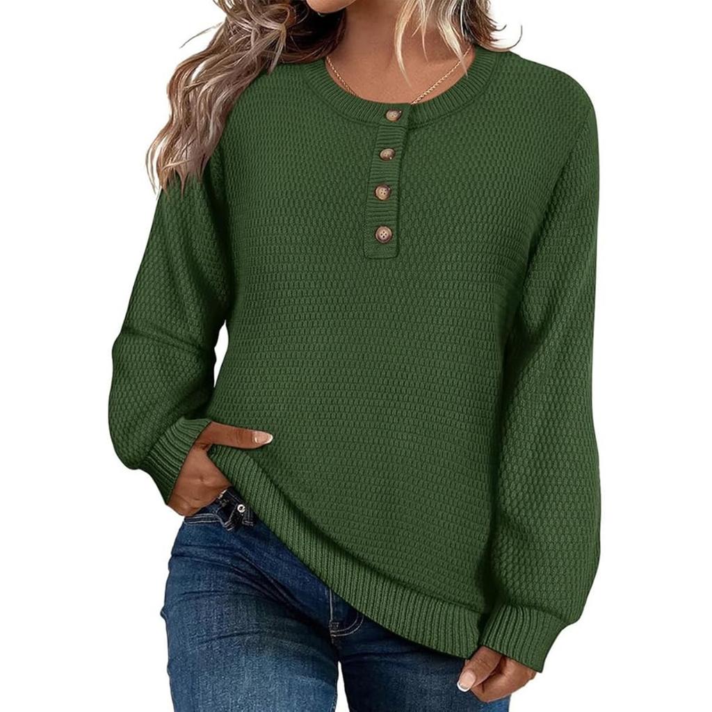 Women's Loose-Fitting Solid-Color Button-Up Long-Sleeved Round-Neck Pullover Knit Sweater Top