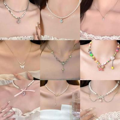 Light Luxury Niche Design Temperament Blue Full of Diamonds and Water Droplets Pearl Collarbone Chain Female Sweet Simple Versatile Neck Chain