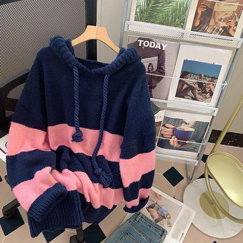 Корейский свободный свитер с капюшоном для женщин 2023, осень и зима вестернизации, уменьшающий возраст, свитер средней длины, пуловер, женские топы One Size розовый