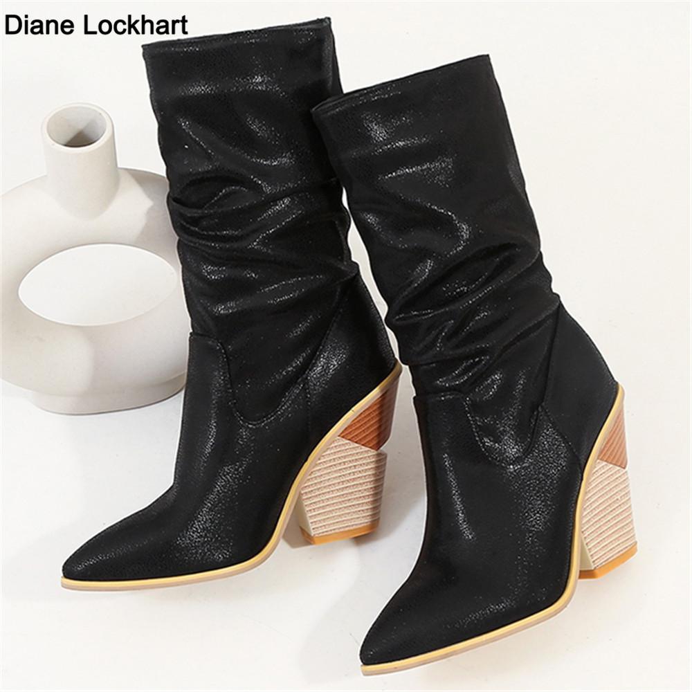 Fashion 2025 White Black Brown Faux Leather Cowboy Ankle Boots for Women Wedge High Heel Boots Chunky Snake Print Western Cowgirl Boots