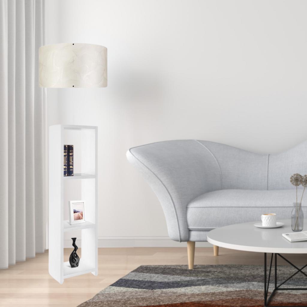 

Белый торшер из МДФ с декоративной полкой, головкой цилиндра из ПВХ и кремовыми ветвями