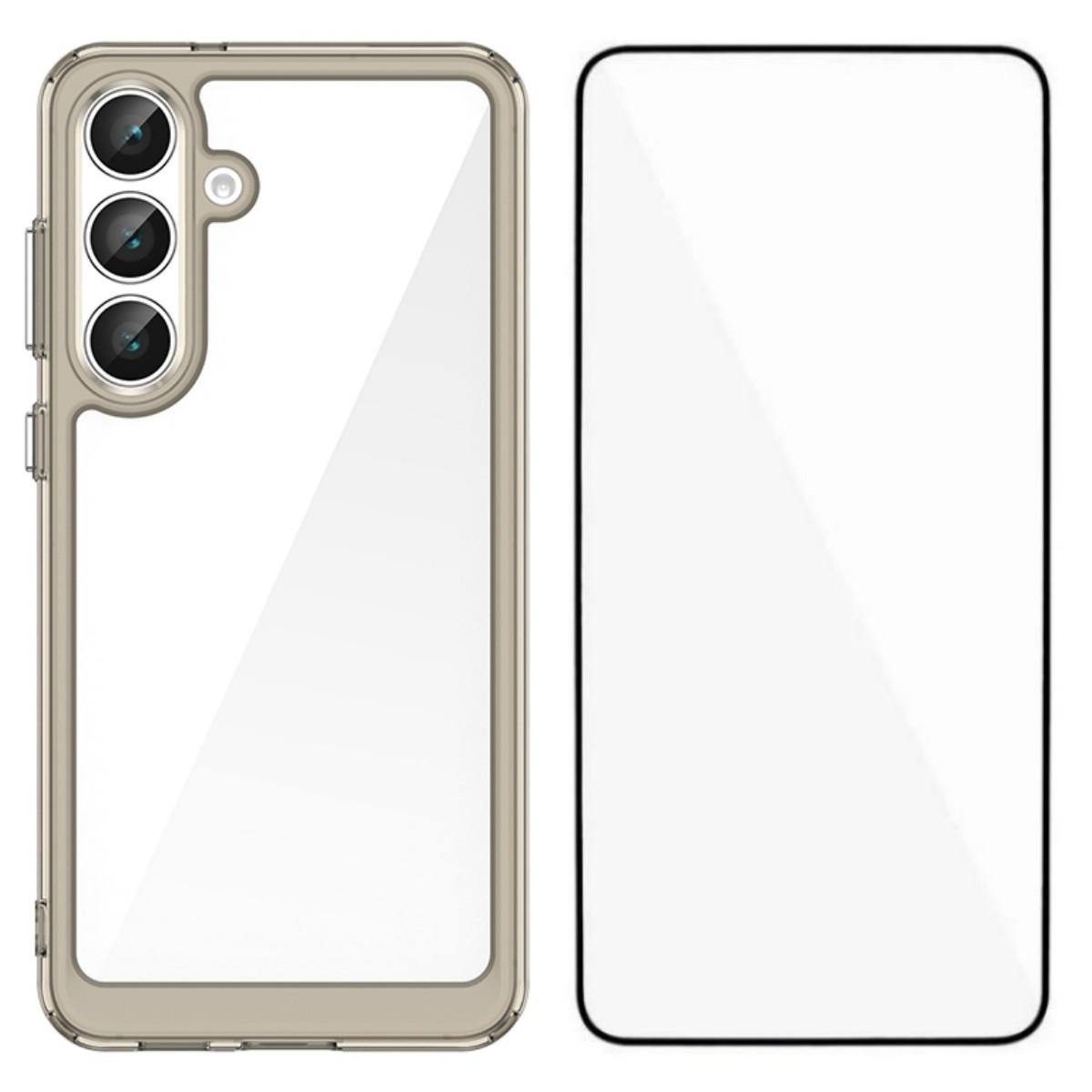 

For Samsung Galaxy S25 FE Phone Case WANLONFENG XC Series TPU Acrylic Cover with Tempered Glass (Big Lens Hole) Transparent Grey