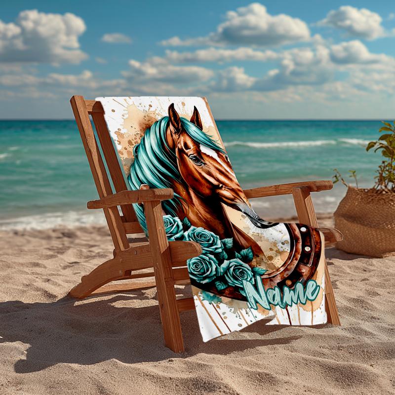 Custom Name Ultra-Soft Beach Towel with Horse Theme,Ideal for Pool - Camping, Diving - Perfect Travel Essential, Vibrant Beach Towel.