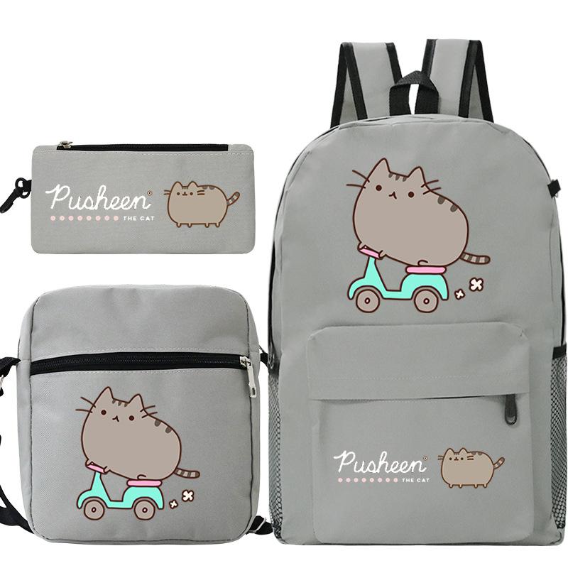 Katze 3-teiliges Set Niedlicher Schulrucksack Schreibwaren Federmäppchen Lässige Umhängetasche für Kinder
