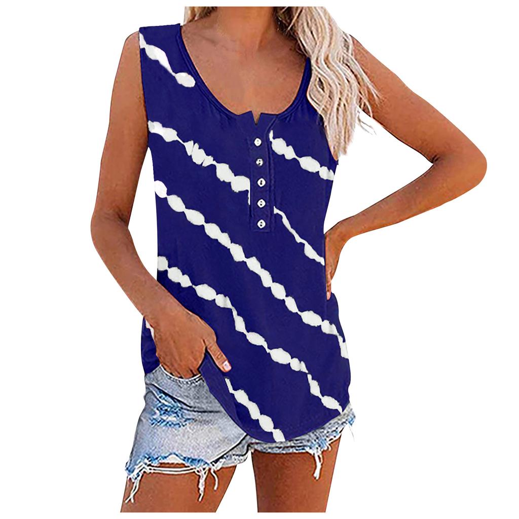 Women Sleeveless Button Front Tank Top Casual Round Neck Striped Printed Summer Blouse Lightweight Loose Fit Shirt