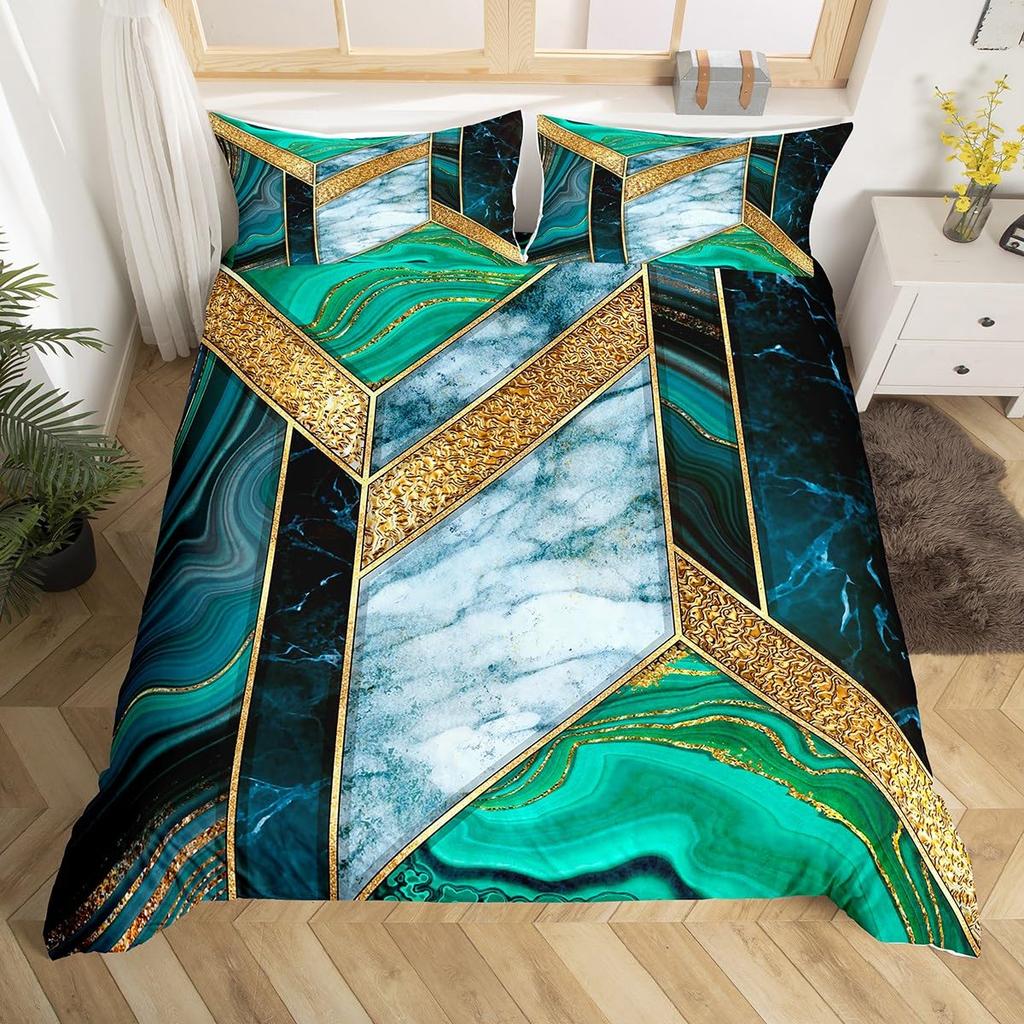 Marmurowy Zestaw Poszewek na Kołdrę Rozmiar Pełny Złoty Marmurkowy Wzór Zestaw Pościeli 3szt. do Pokoju Chłopca Dziewczynki, Abstrakcyjna Tekstura Kamienia Poszwa na Kołdrę
