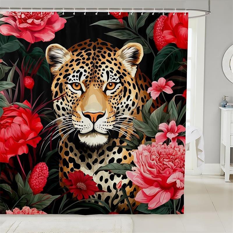 Wildtier Tiger Leopard Duschvorhang Rote Rose Rosa Floral Dschungel Wilde Tiere Badezimmervorhänge Polyester Heim Badezimmer Dekorationsset