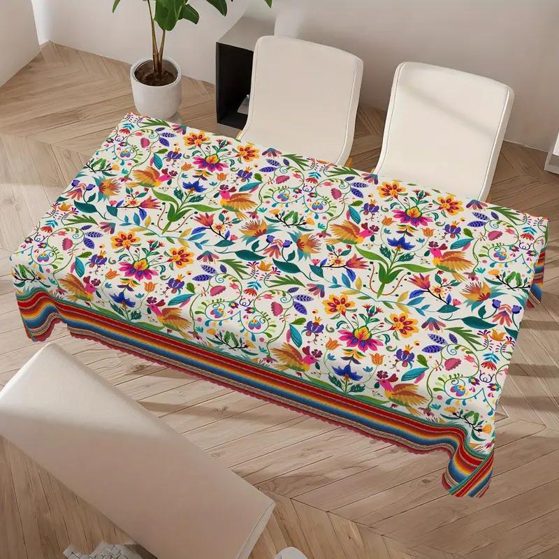 Mexicaanse Stijl Bloemig Vogel Rechthoekig Tafelkleed Mexico Fiesta Feest Decor Kleurrijke Gestreepte Polyester Tafelkleden voor Tafeldecoratie 140x140cm