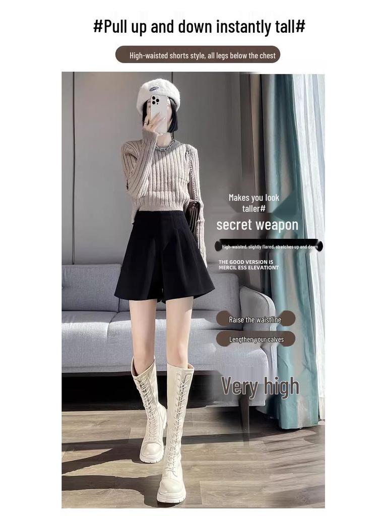 Women's High-Waist A-Line Black Wool Shorts - Autumn/Winter Loose Wide-Leg Booty Shorts, Thin Apricot