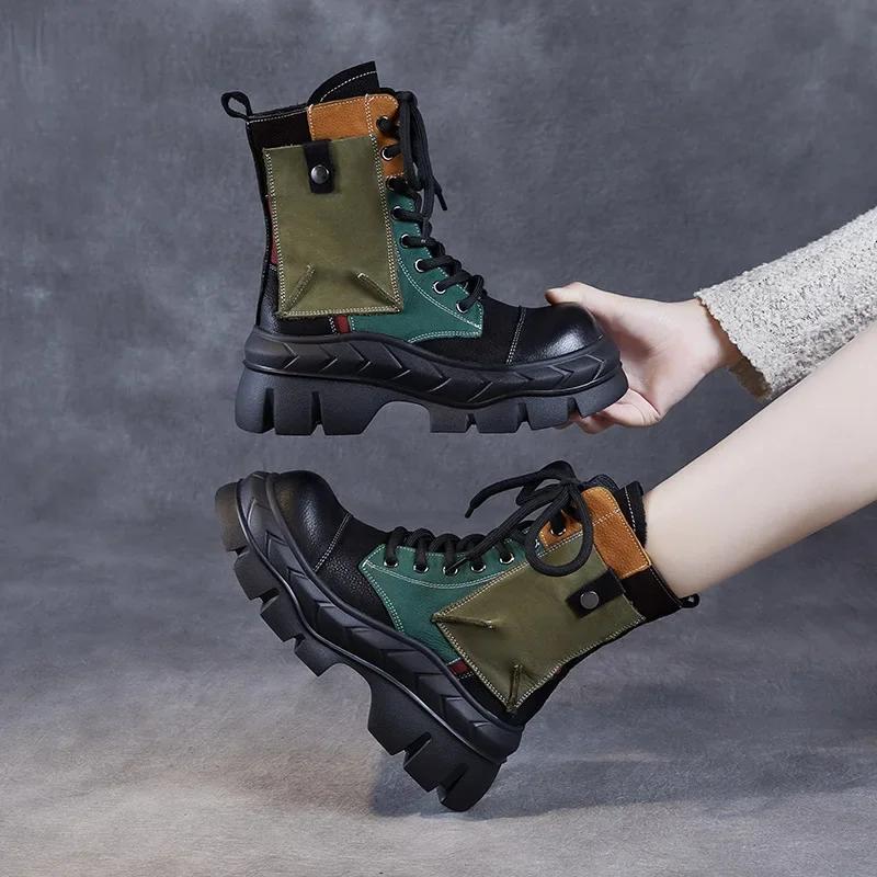 Móda 2024 Nové Dámské Kozačky na Silném Podpatku Zimní Teplé Pravá Kůže Kulatá Špička Platforma Smíšené Barvy Retro Styl Ručně Vyráběné Bavlněné Kozačky