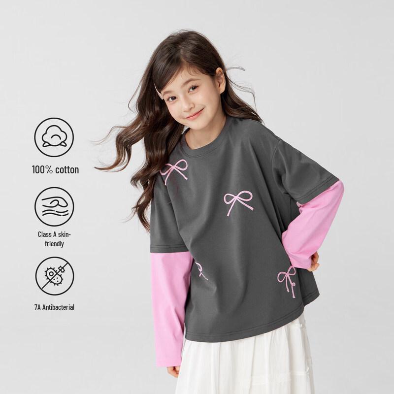 Zuoxi Girls  Asymmetric Bow Faux Two-Piece Cotton Long-Sleeve T-Shirt 140