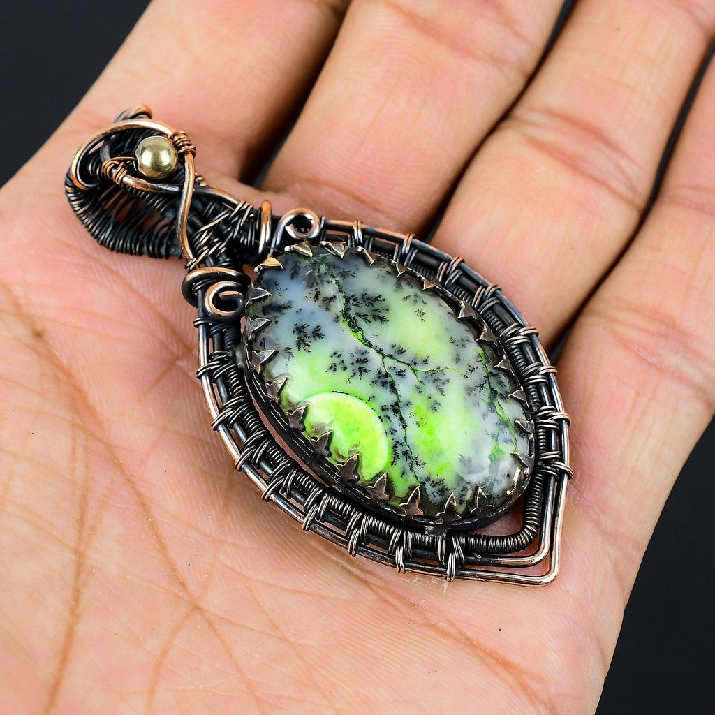 Green Dendrite Opal Gemstone Jewelry Pure Copper Wire Wrapped Handmade Pendant For Gift