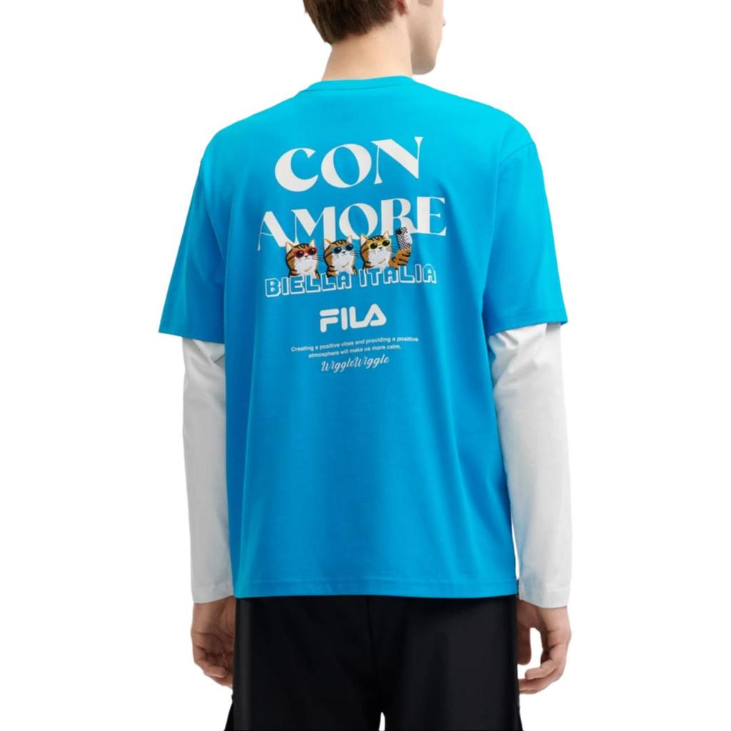 FILA Comfortable Breathable Round Neck Dopamine Embroidered Cat Dog Short Sleeve T-Shirt Unisex Tops Miel-Blue F11U429102FBU