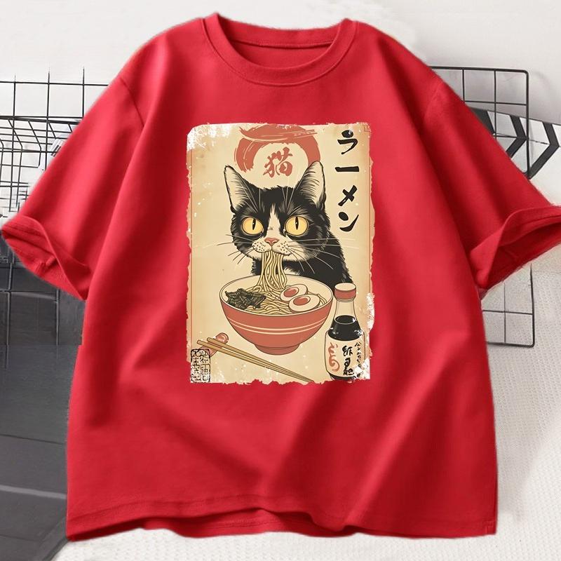 Ramen Cat T-shirt Japanese Style Black Cat Eating Ramen Grpahic T Shirts TrendySoft Short Sleeve Clothing