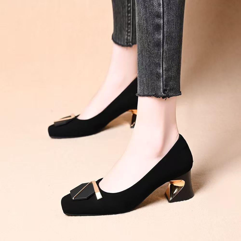 Coarse Heel Suede Light Mouth Single Shoes Autumn New Square Head Seven-character Buckle Low Top Lightweight