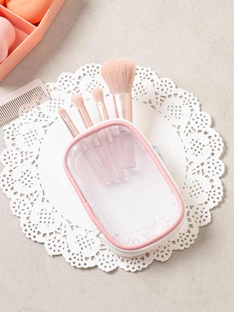 Mesh Pouch & Makeup Brush 4-Piece Set