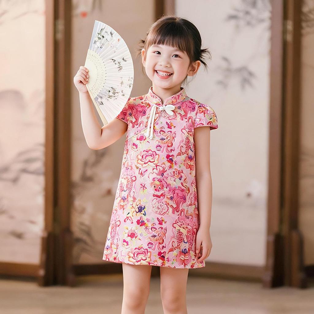 Girls' Sleeveless Tang Suit Dress: Summer Koi & Flower Design