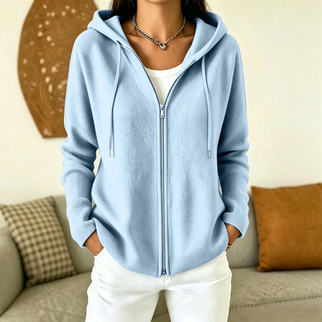 Damen Kapuzen-Strickjacke mit Reißverschluss Lockerer Schnitt Langarm Strickpullover Jacke für Herbst Winter