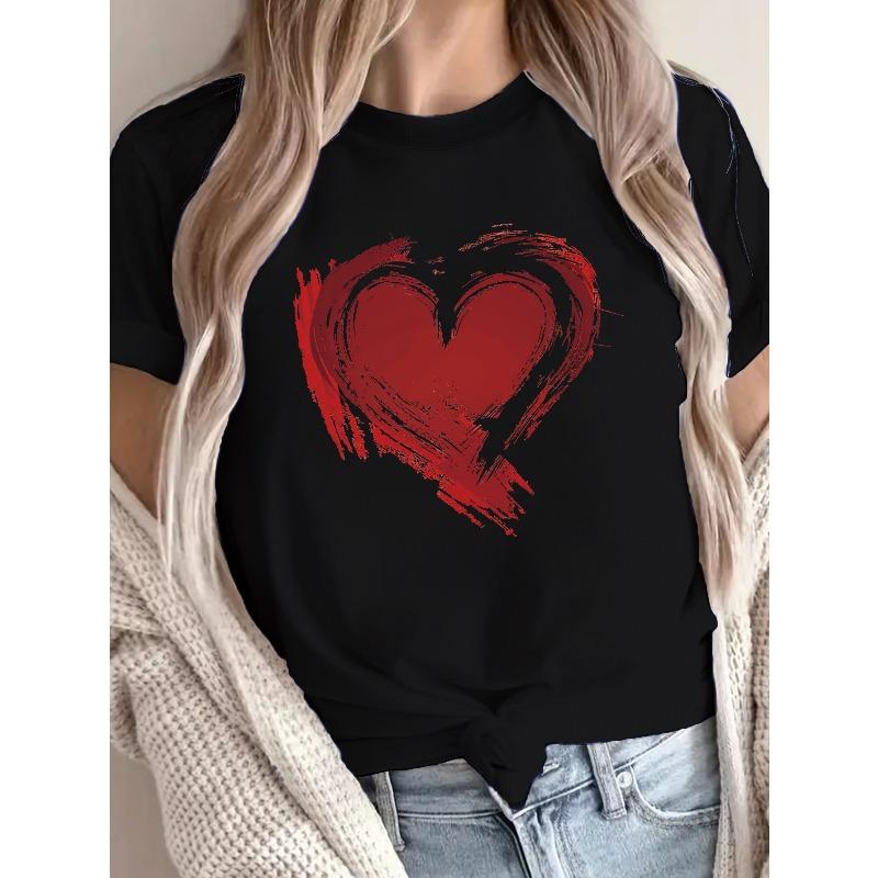 T-Shirt mit Herzmuster und Rundhalsausschnitt, Lässiges Kurzarm-Oberteil für Frühling & Sommer, Damenbekleidung