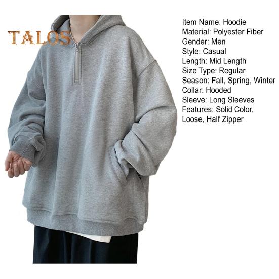 Fall Spring Men Hoodie Half Zipper Hooded Pockets Long Sleeves Loose Elastic Cuff Pure Color Pullover Thick Warm Daily Wear Top