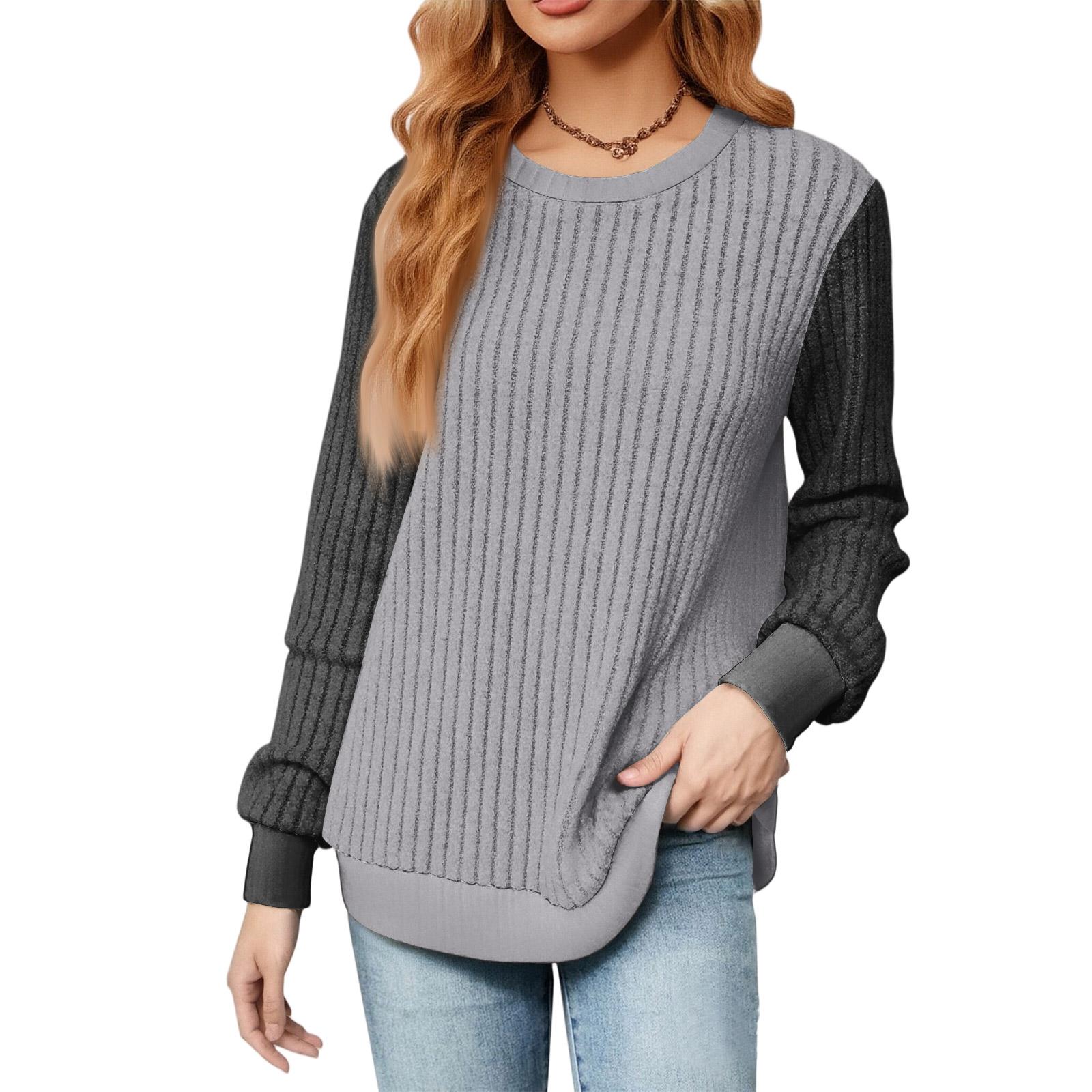 

Fashionable Women s Long Sleeved Color Blocked Lightweight Sweater With Loose Round Neck Top L