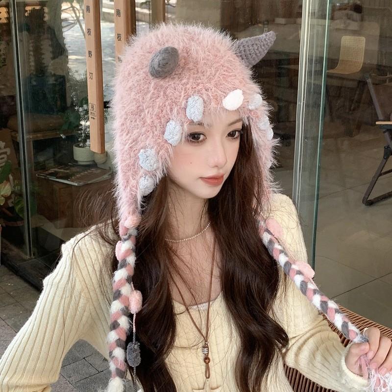 2025 new Japanese cute little monster braided wool hat women's season warm versatile knitted ear hat
