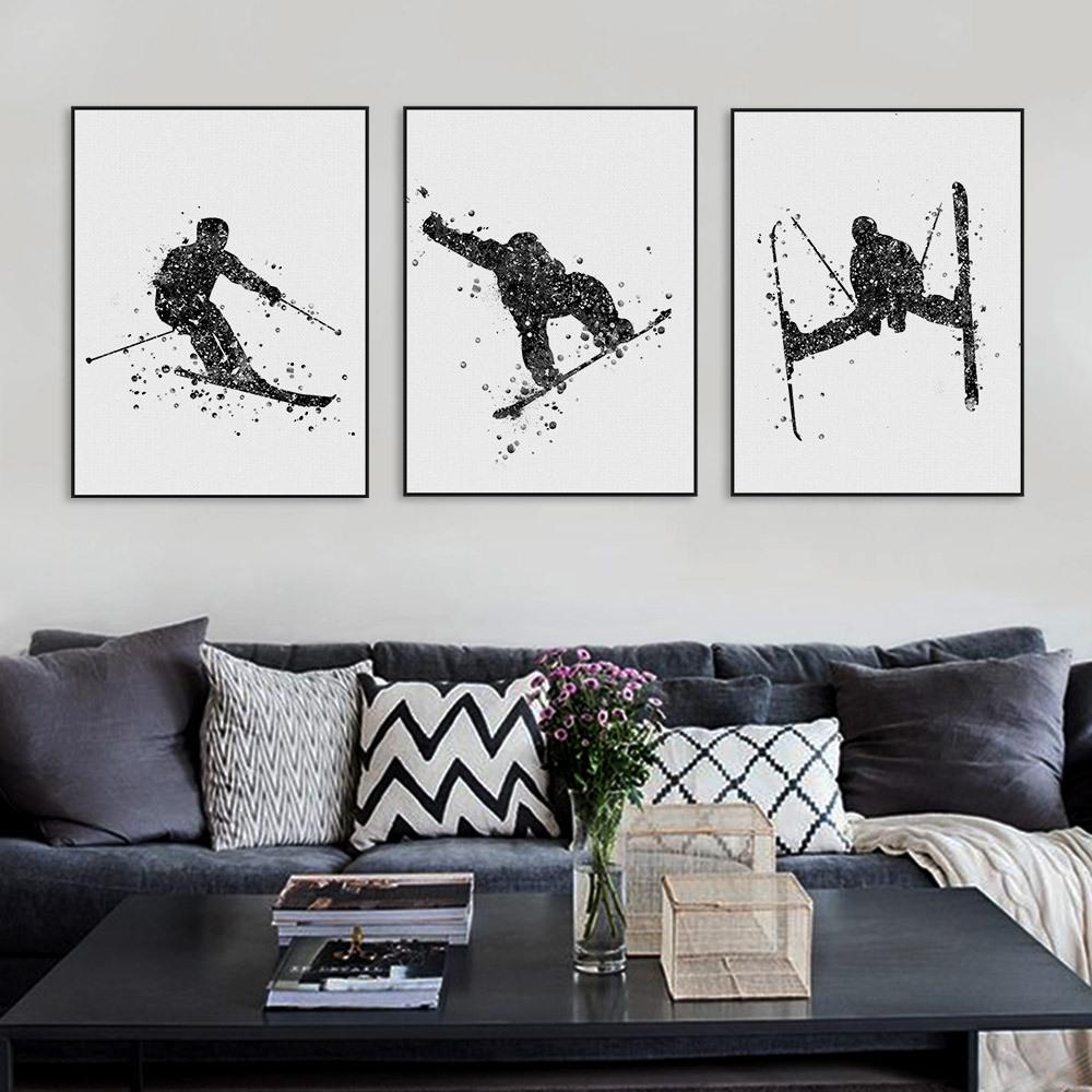 Watercolor Canvas Painting Skiing Sports Modern Minimalist Boy Bedroom Decorational Picture Canvas Wall Art Home Decor