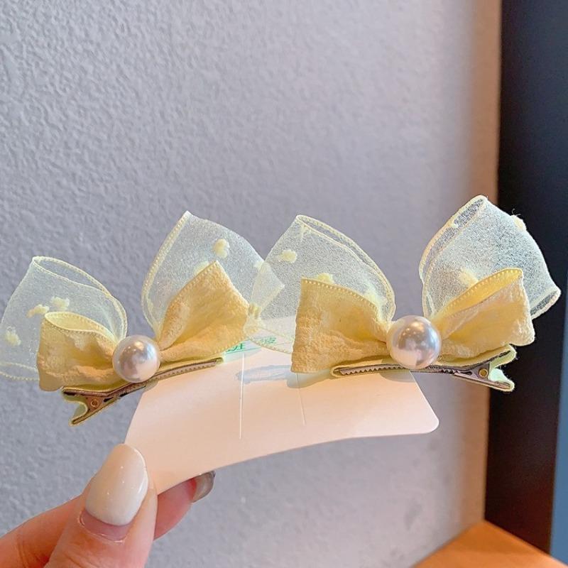 Kids Pearl Bow Hair Clips, Pink 3D Rabbit Ears Barrettes, Cute Bubble Gauze Hair Accessories for Little Girls.