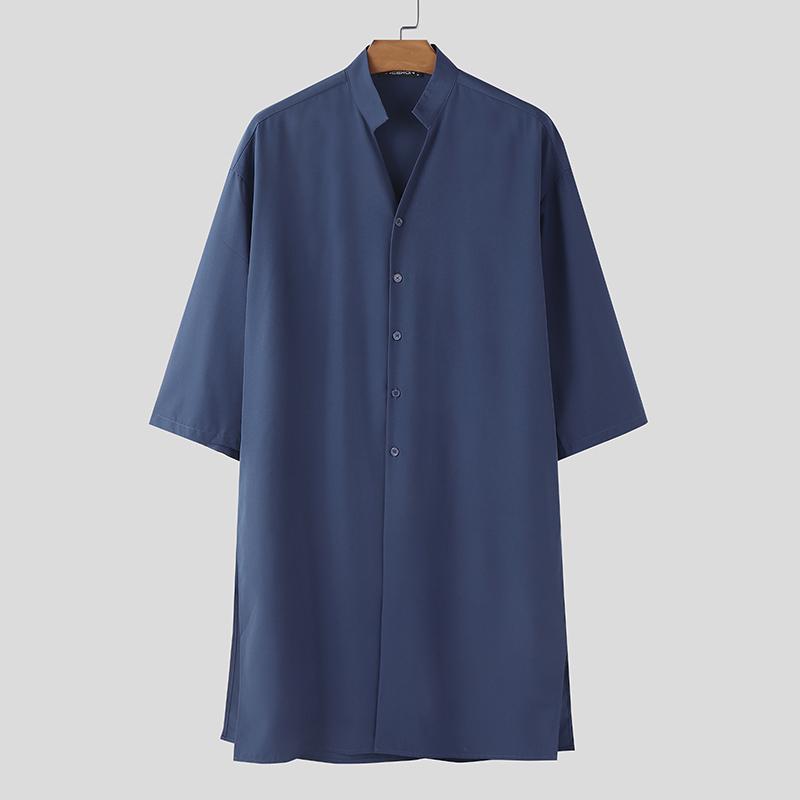 INCERUN Summer Men Stand V Neck Short Sleeve Splits Casual Long Shirts