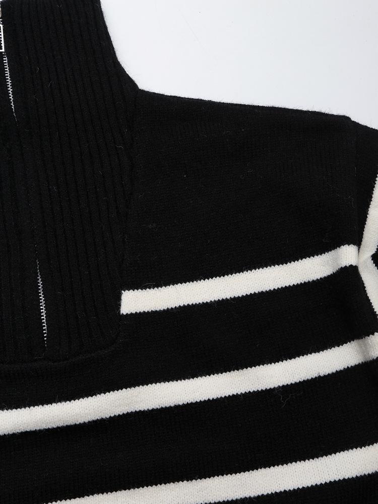 Autumn/Winter Color Block Striped Zip-Up Sweater - Long Sleeve Fashion for Europe & America